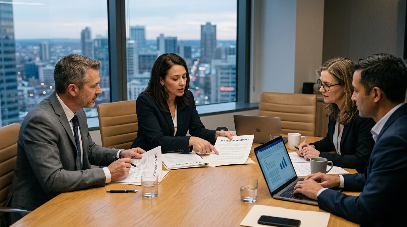 Business partners reviewing documents at office desk with laptop and contract papers.