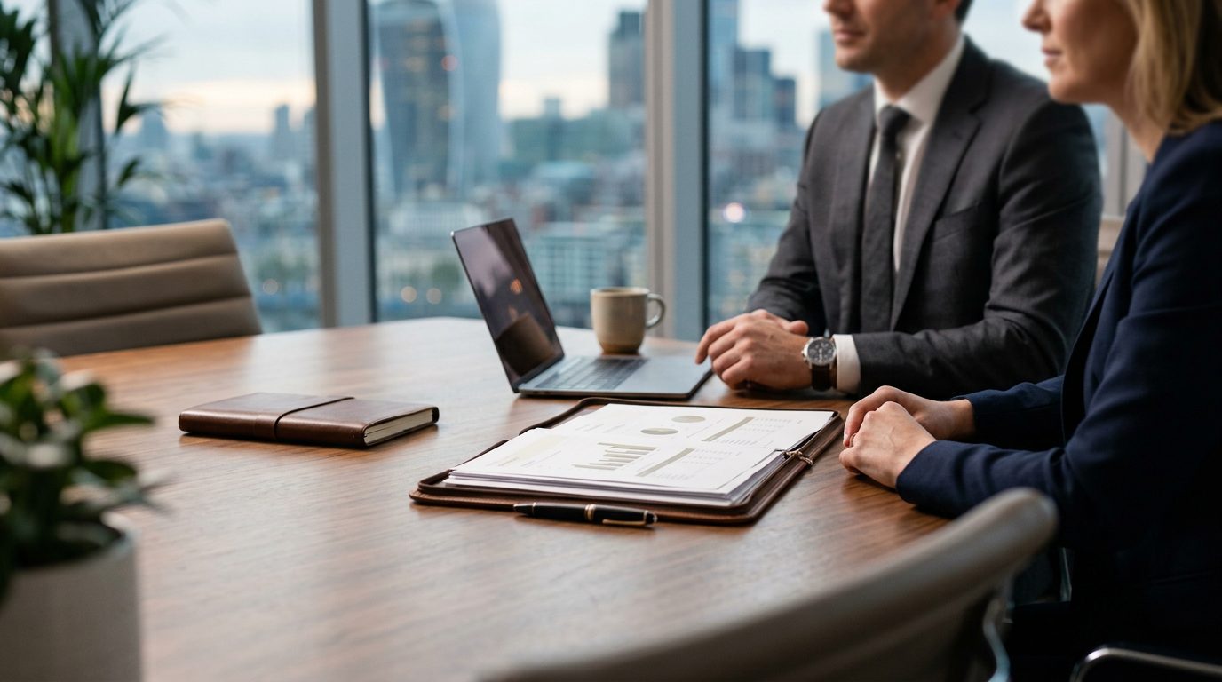 Businessman reviewing financial documents and insurance policy at desk.