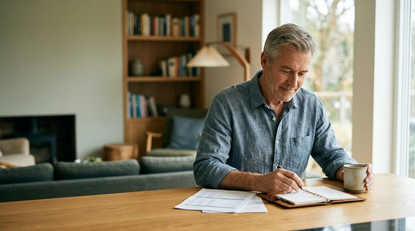 Calculator, pen, and life insurance policy papers arranged on a kitchen table.