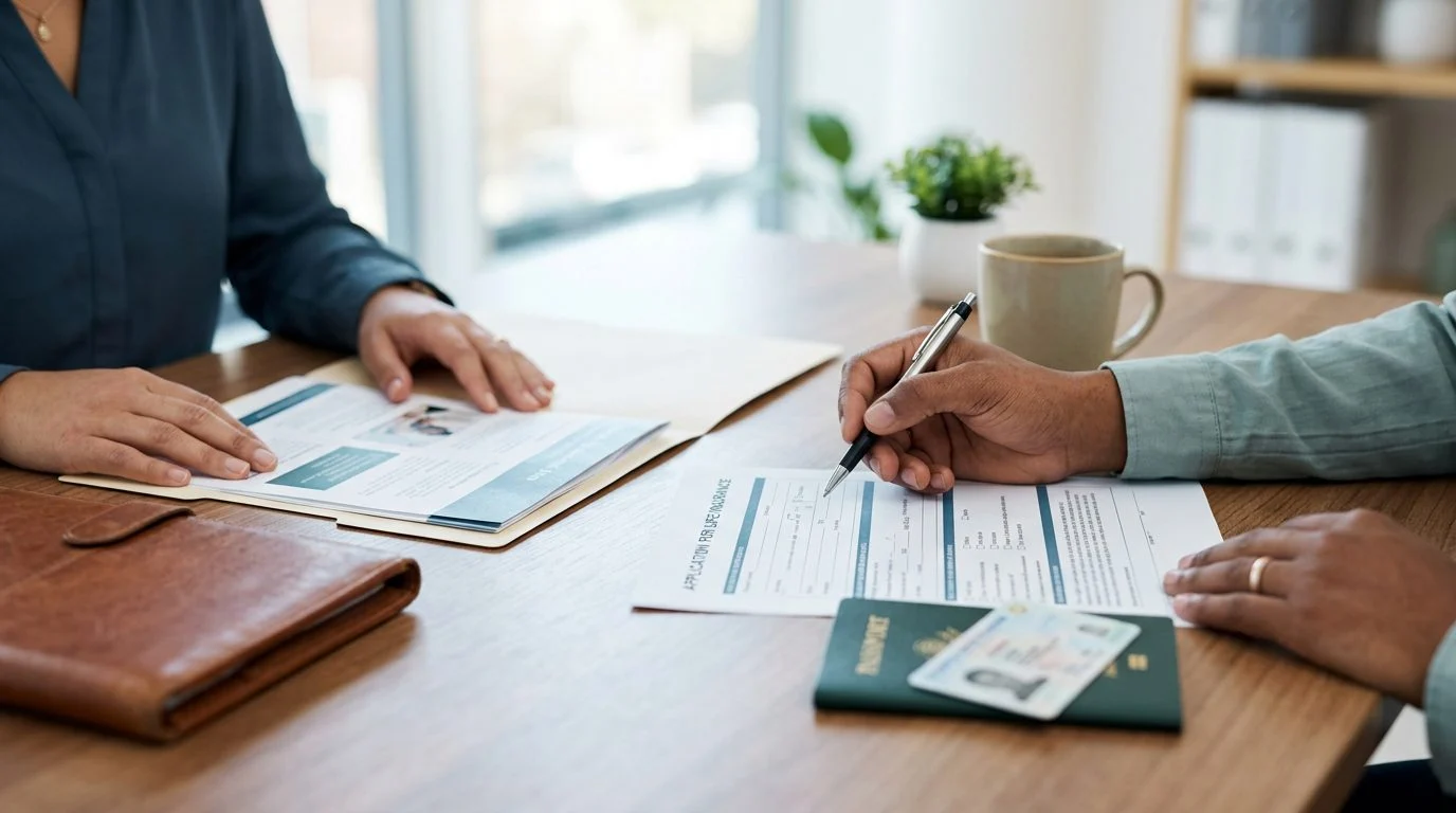 Primer plano de un escritorio con un pasaporte, un bolígrafo y un formulario de póliza de seguro de vida.