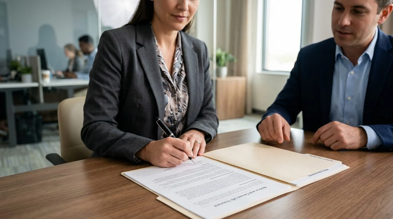Close-up of a desk with a signed insurance policy form, a pen, and a folder of papers.