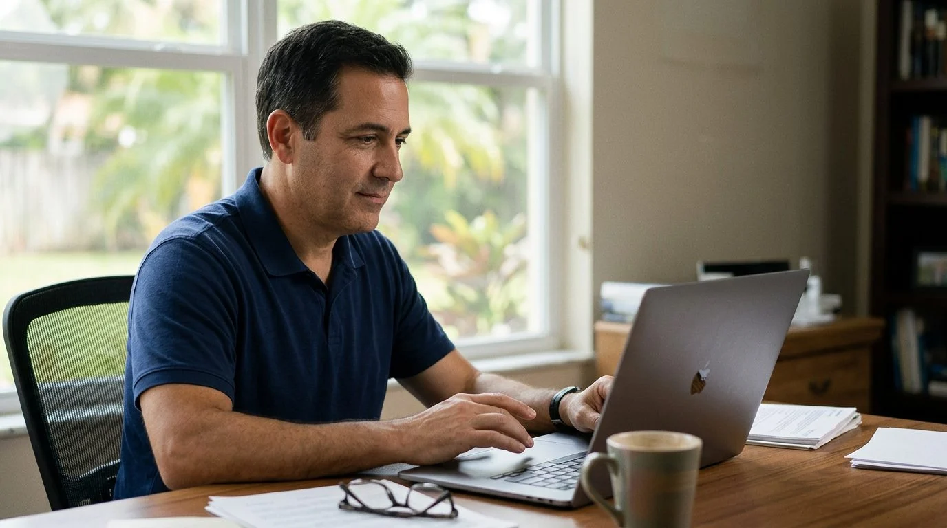 Primer plano de una laptop con un formulario de cotización de seguro de vida, junto a papeles, un bolígrafo y un mapa de Florida.