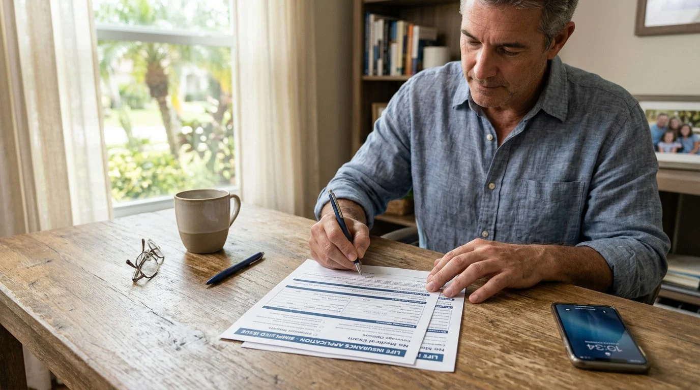 Close-up of a signed life insurance application and a pen resting on a wooden desk near a window in Florida.