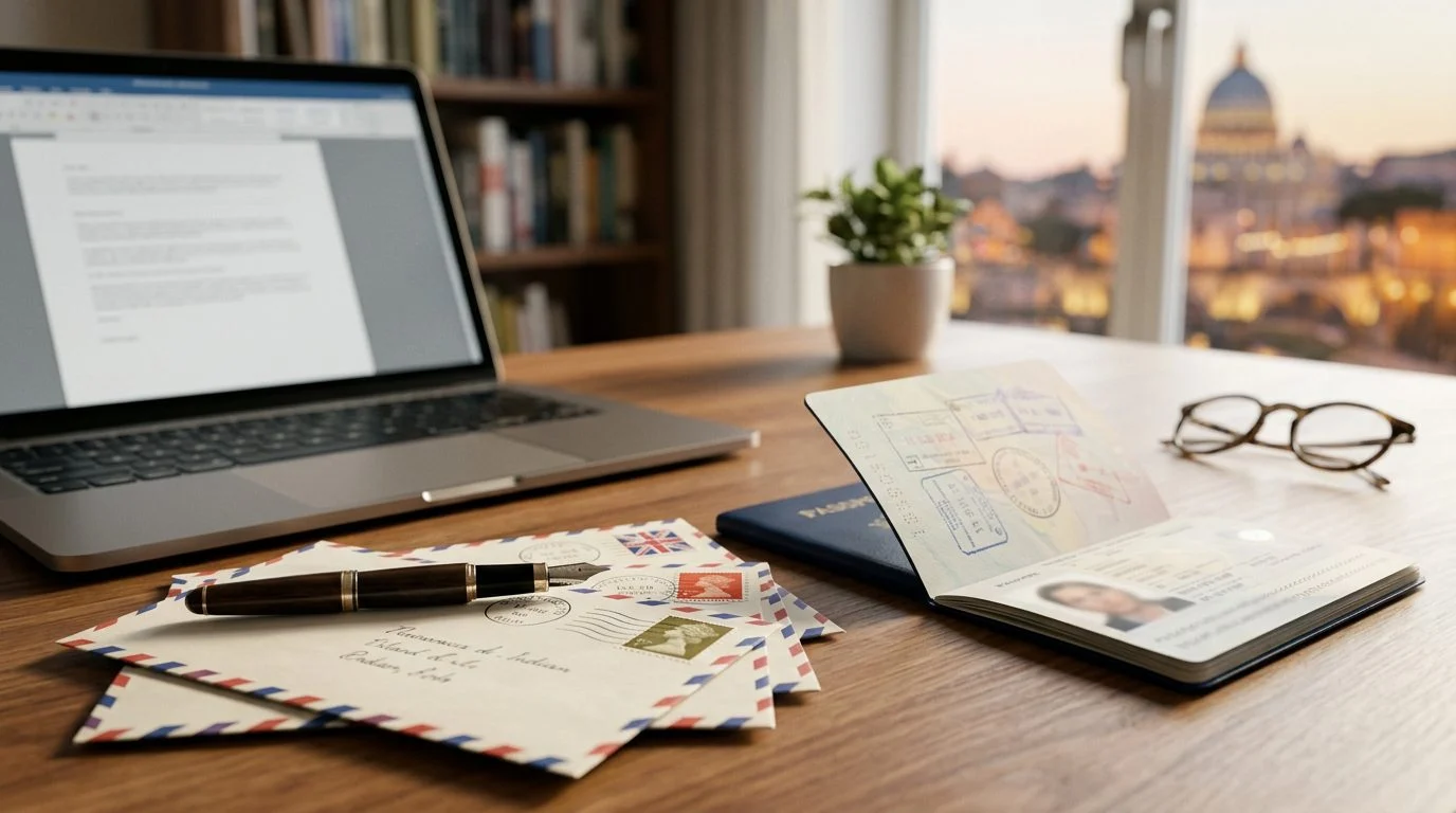 Close-up of an open passport, a world map, and a pen resting on a desk beside a folded insurance policy document.