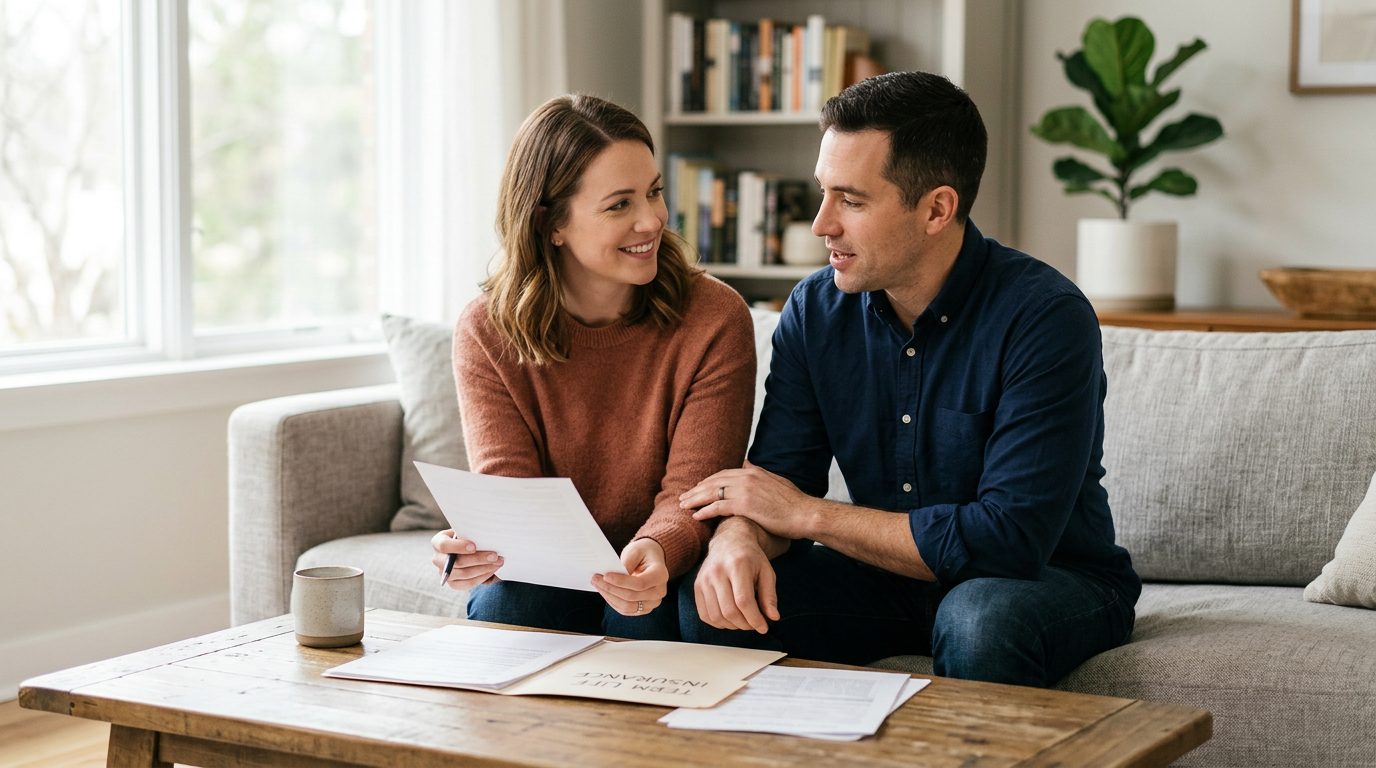 Couple reviewing term life insurance documents together at home.