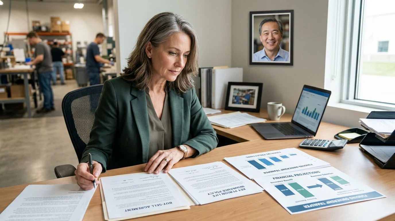 Escritorio con un acuerdo de compraventa, una póliza de seguro y gráficos que muestran cómo el seguro financia la transferencia de la propiedad.