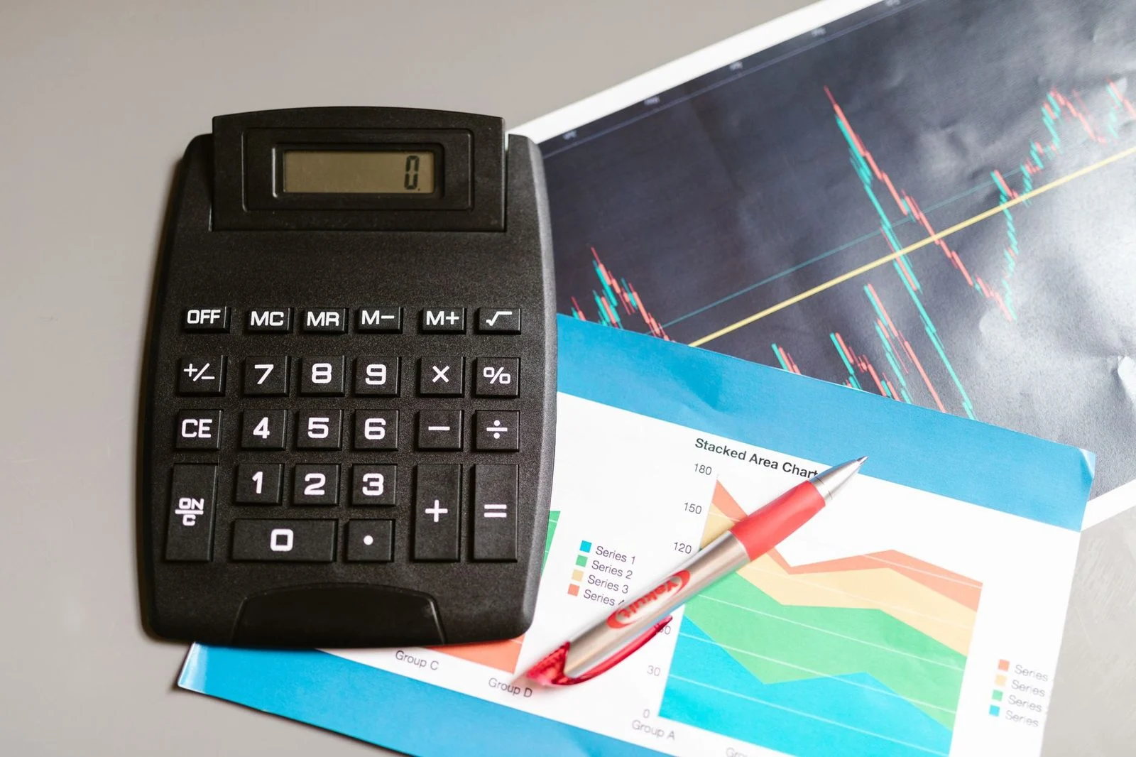 Escritorio con calculadora, bolígrafo y gráficos financieros dispuestos para planificar un presupuesto.