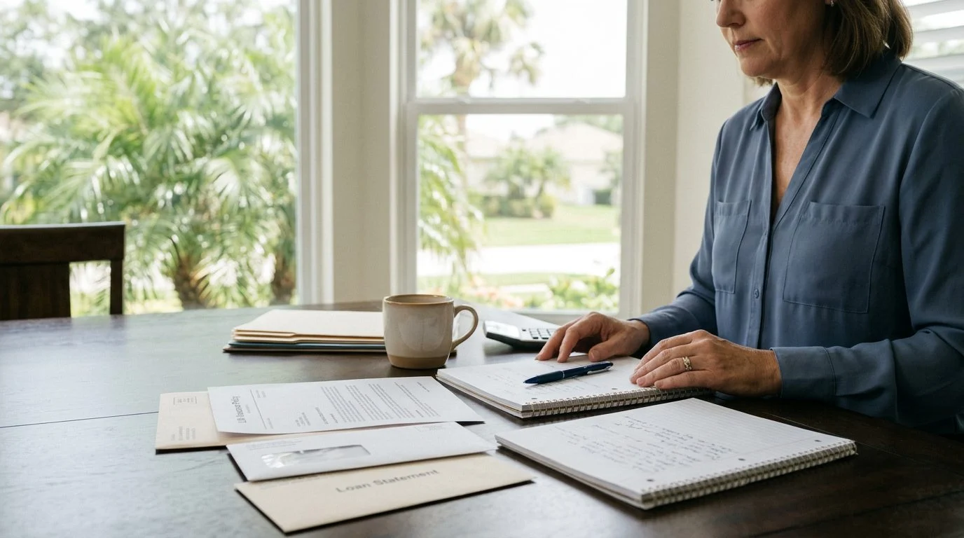 Desk with a house key, pen, and folded papers beside a calculator, representing a Florida life insurance loan balance.