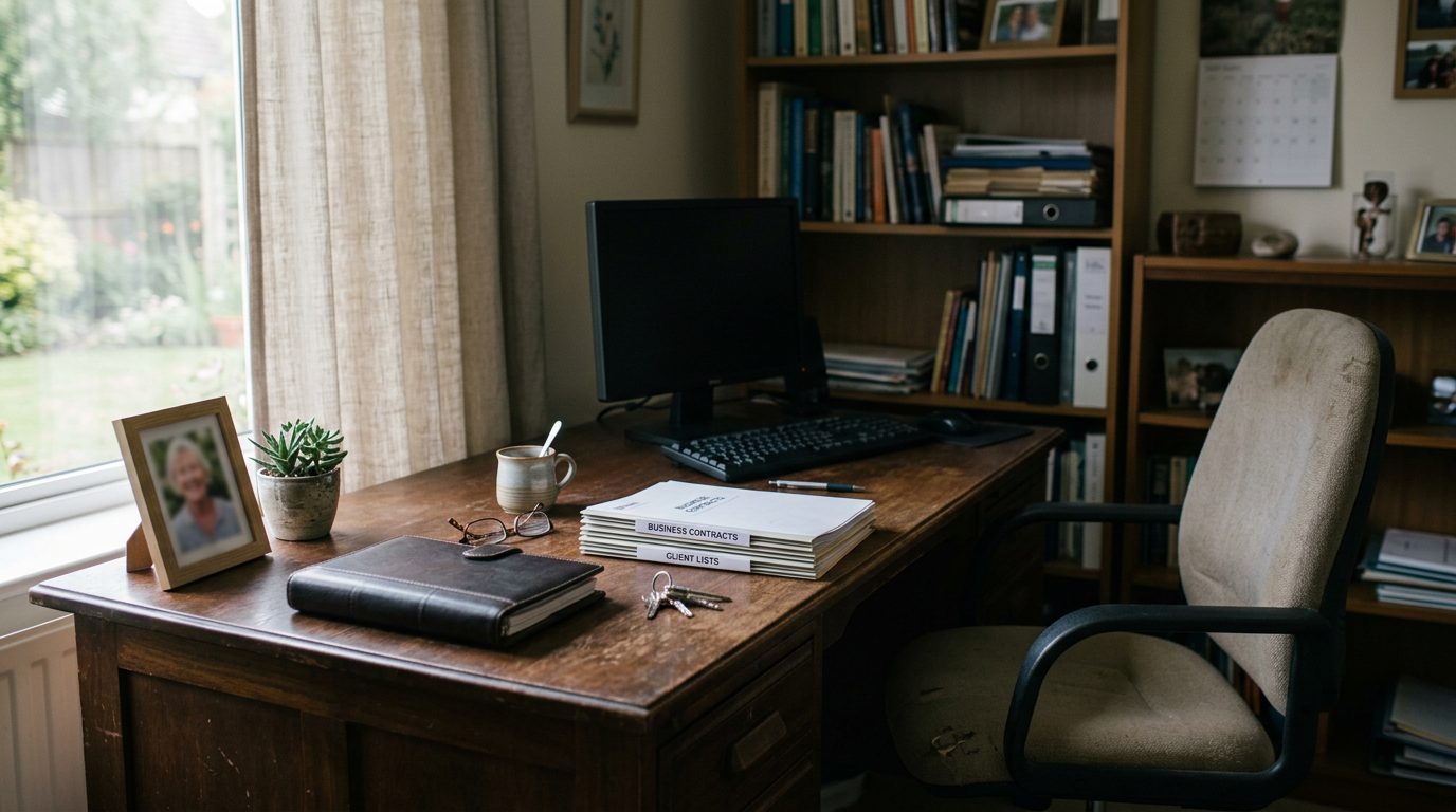 Desk with legal documents, will, and pen representing business succession planning.