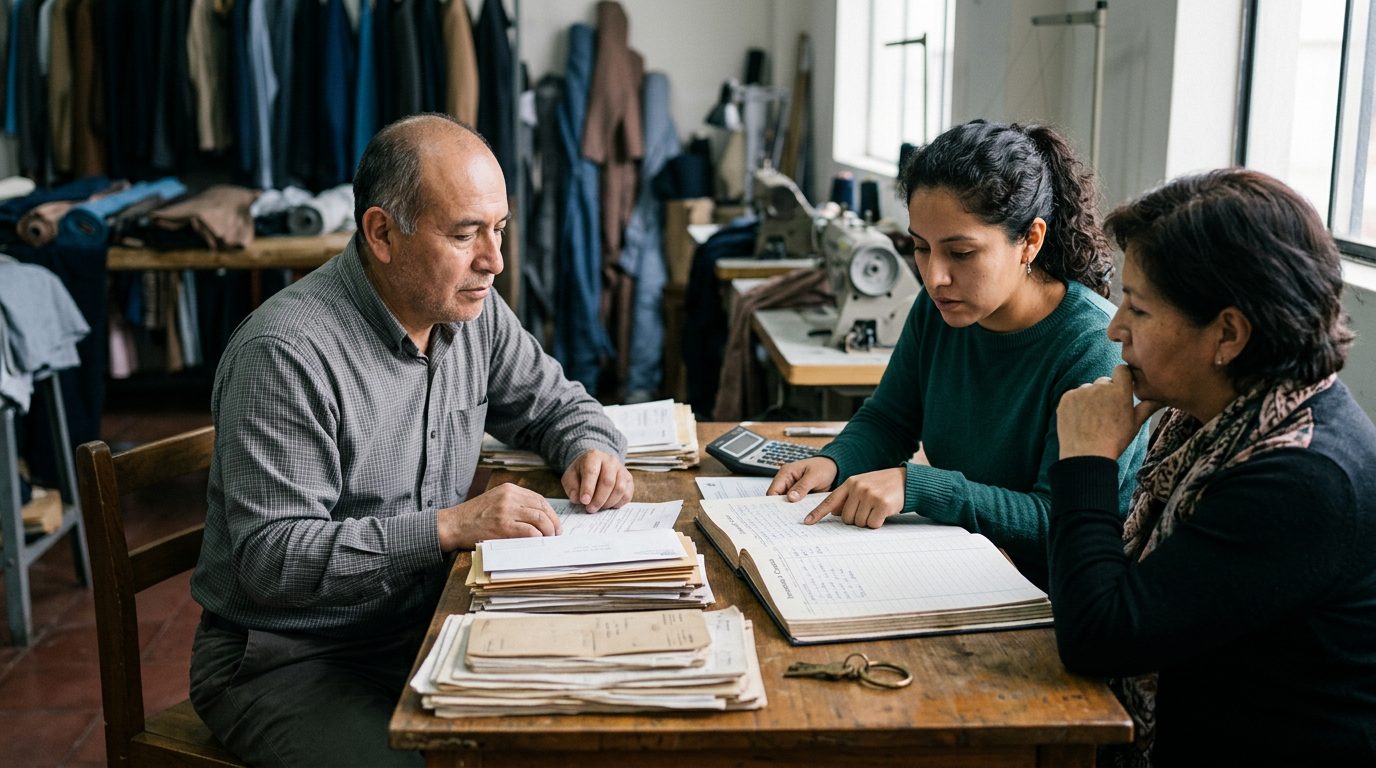 Documentos legales y familia discutiendo herencia de empresa individual.