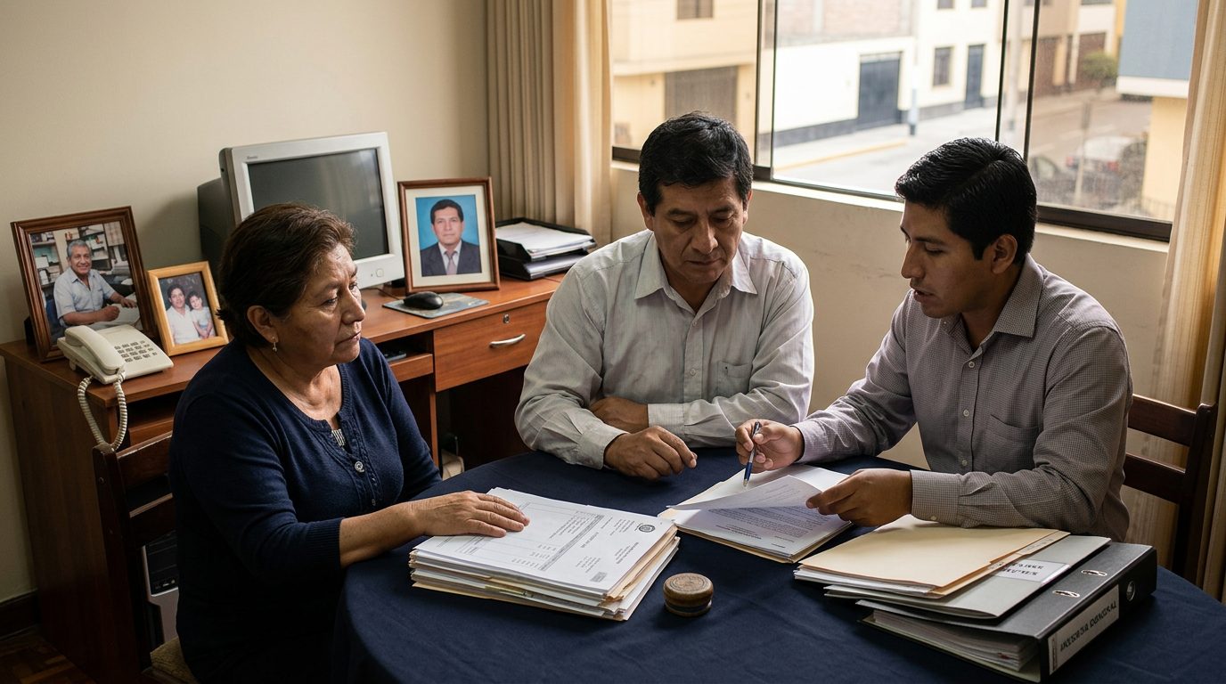 Documentos legales y familia reunida en oficina discutiendo herencia empresarial.