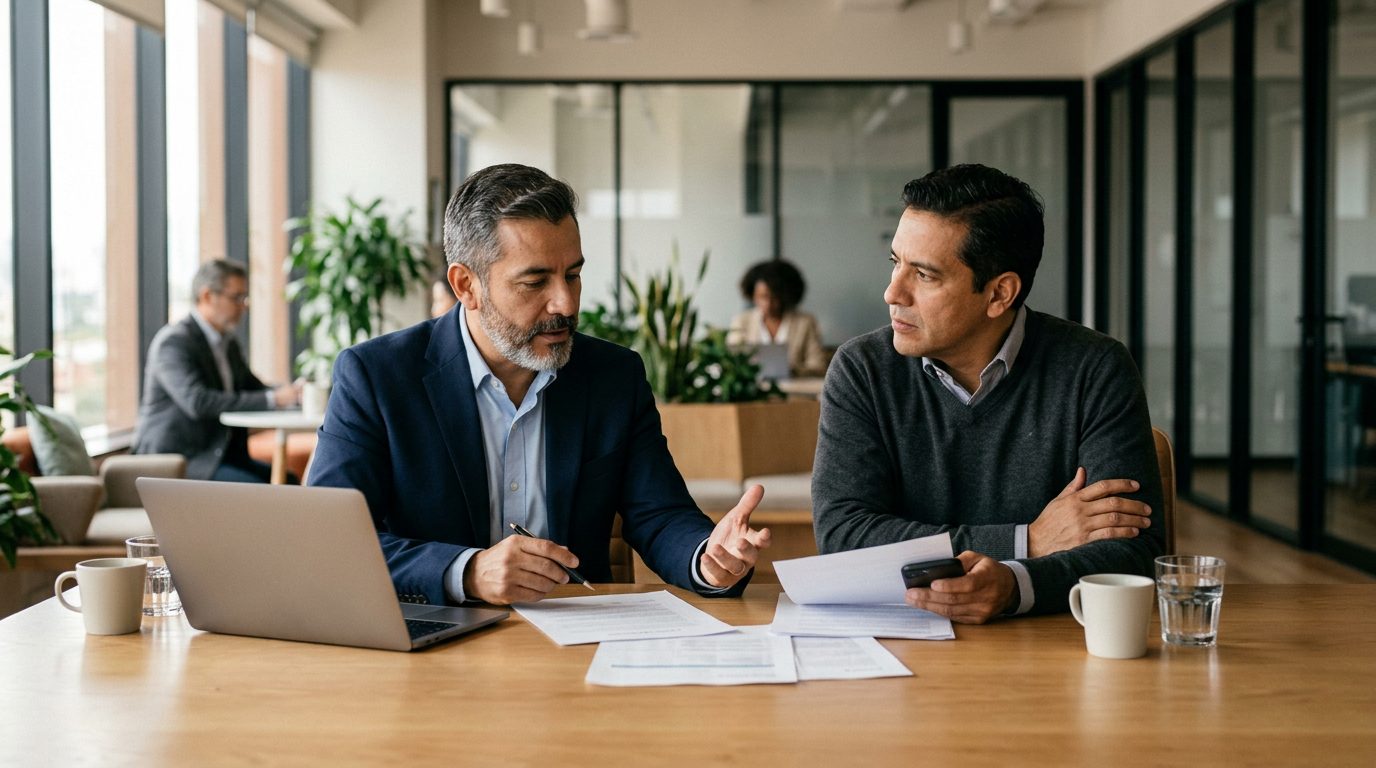 Dos empresarios hispanos revisando documentos de seguro en una oficina moderna.