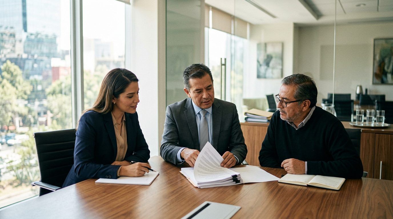 Dos empresarios revisando documentos de seguros y acuerdos comerciales en una oficina.