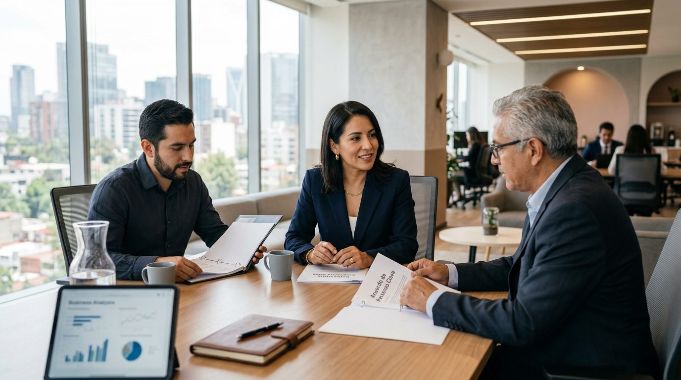 Ejecutivos en oficina moderna revisando documentos de seguros de vida.