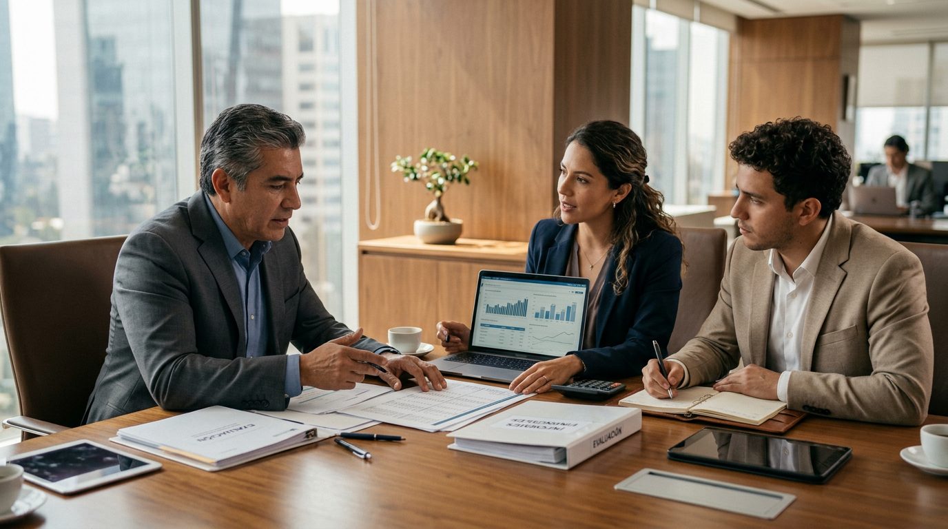 Ejecutivos en reunión de negocios revisando documentos de valuación empresarial.