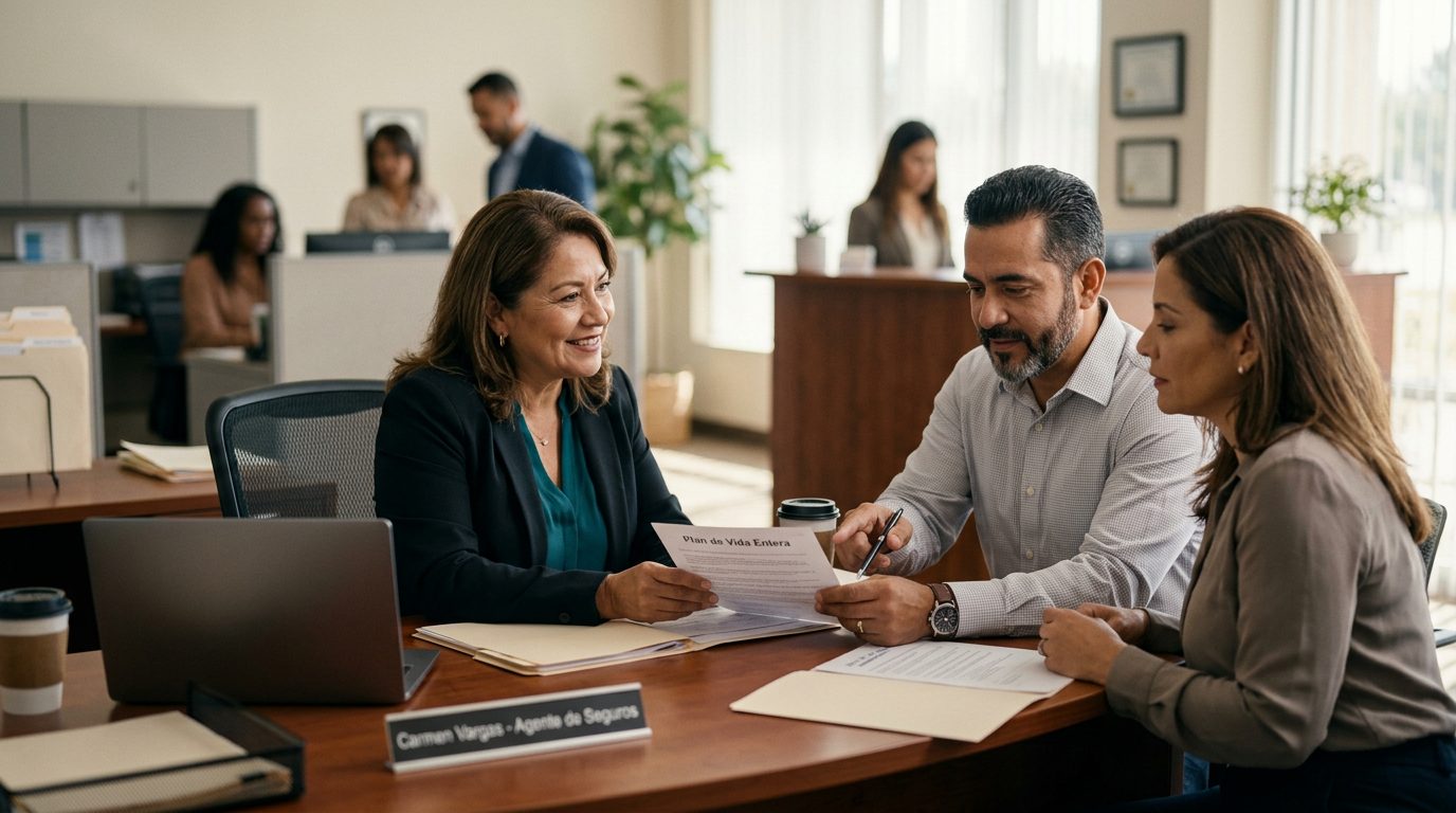 Empresario hispano revisando documentos de seguro de vida en su oficina.