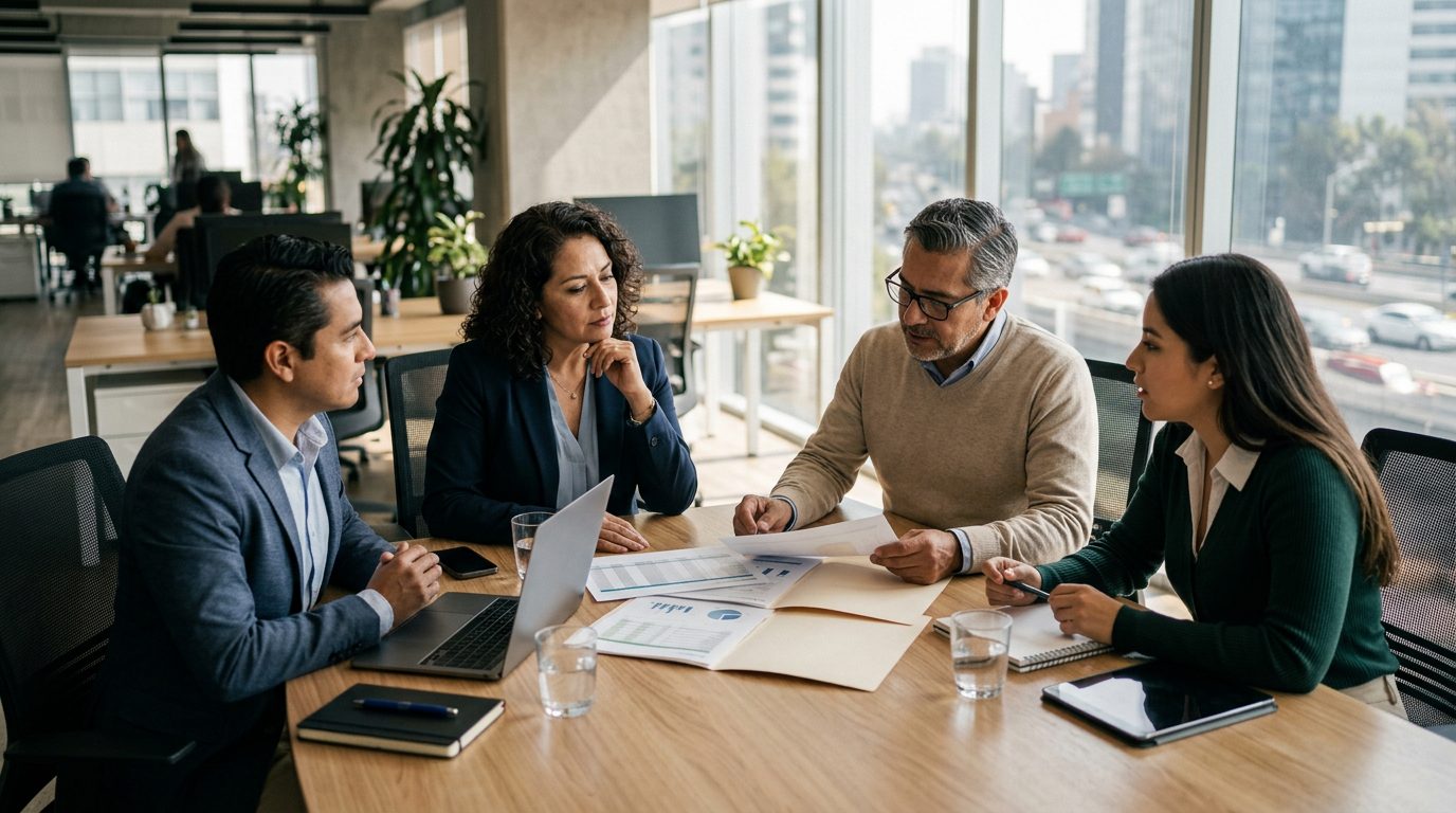 Empresarios discutiendo plan de seguros en oficina moderna.