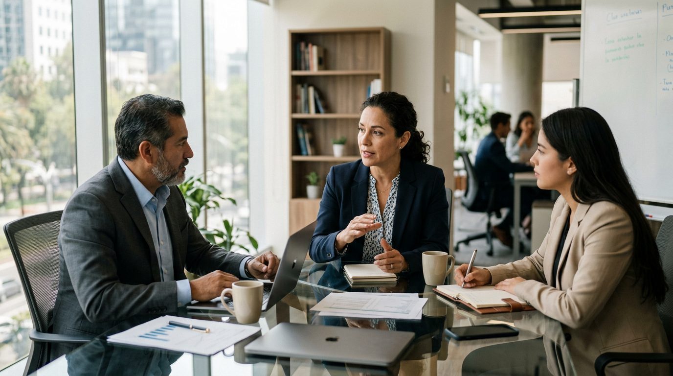 Empresarios en reunión de negocios discutiendo póliza de seguro de persona clave.