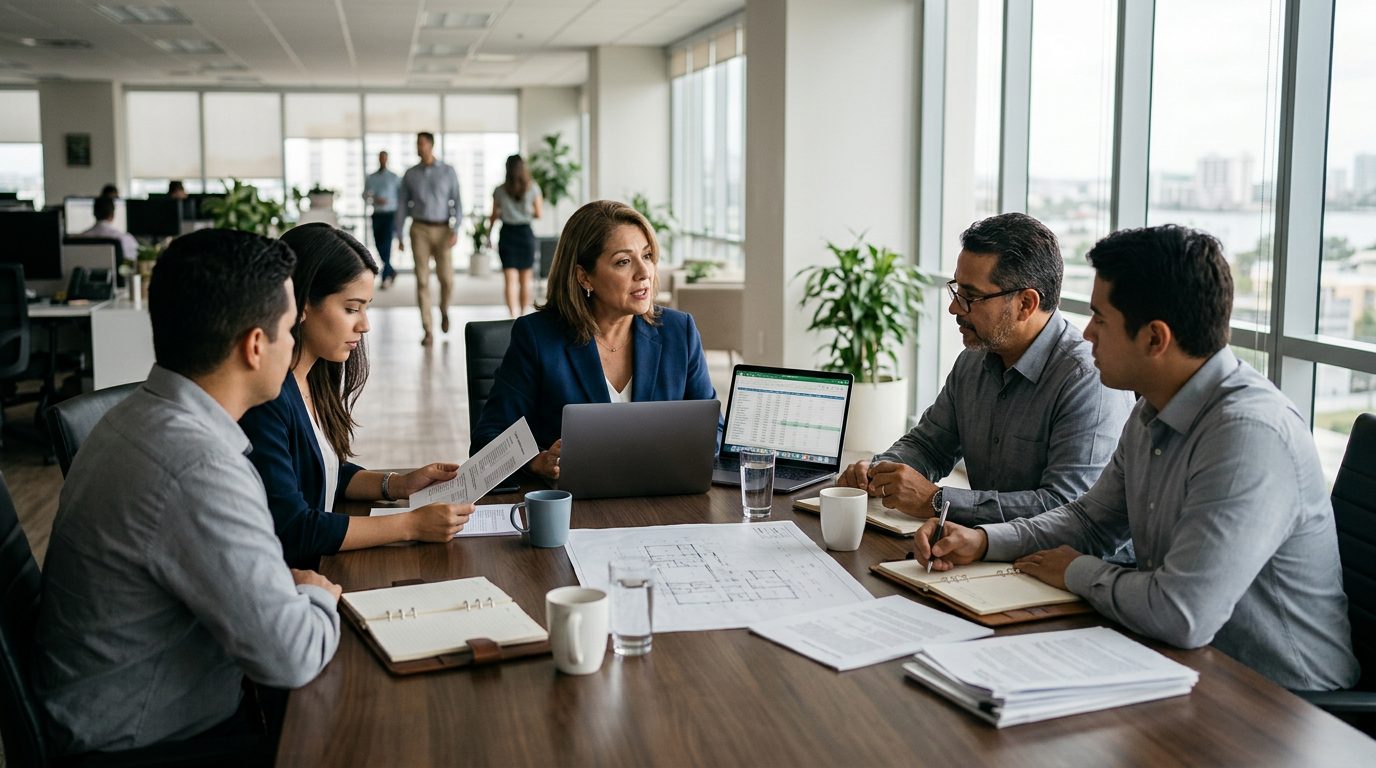 Empresarios en reunión de negocios discutiendo póliza de seguro de persona clave.