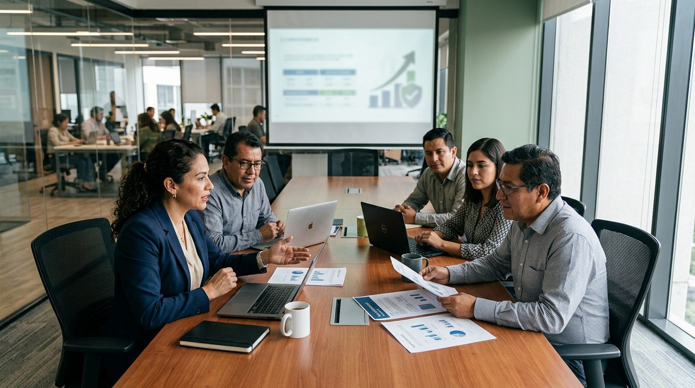 Empresarios en reunión de negocios discutiendo póliza de seguro de persona clave.