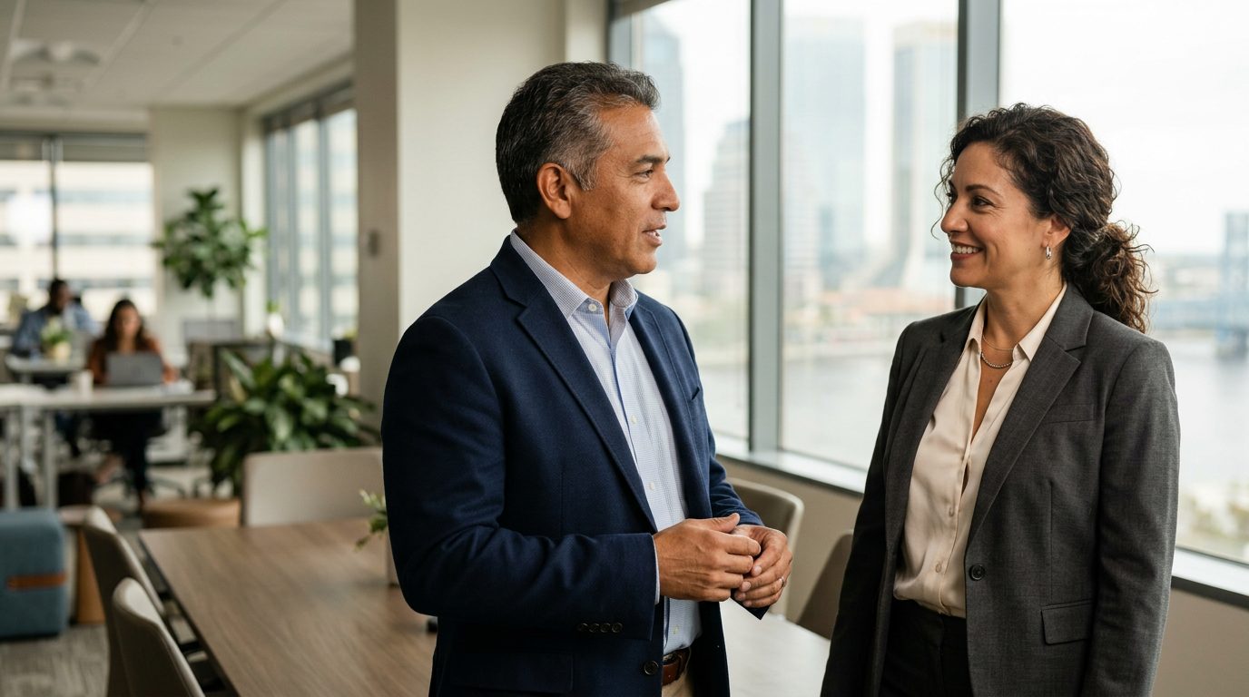 Empresarios hispanos discutiendo estrategia de negocios en oficina moderna.