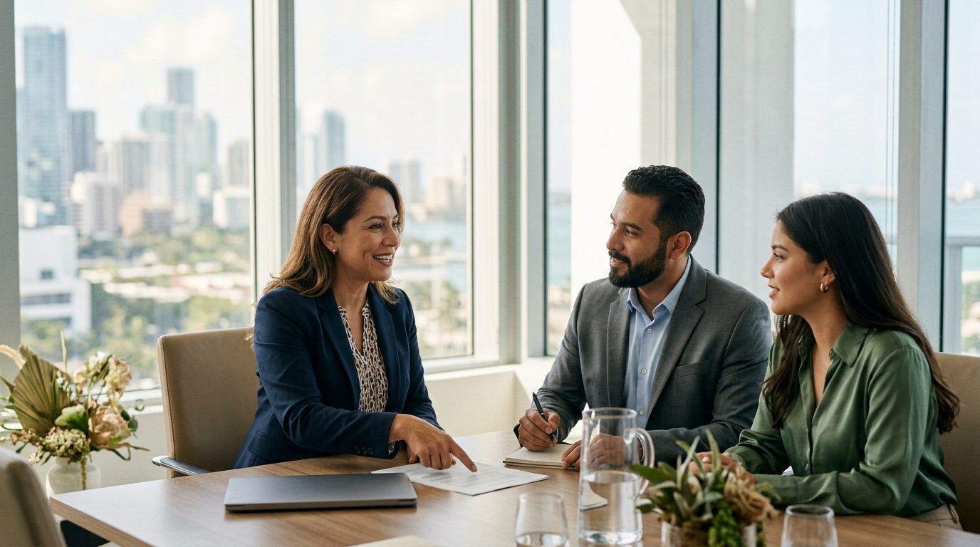 Empresarios hispanos discutiendo estrategia de negocios en oficina moderna.