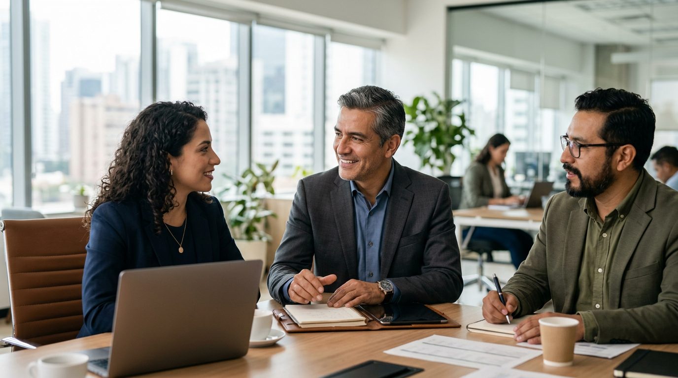 Empresarios hispanos discutiendo estrategia de seguros en oficina moderna.