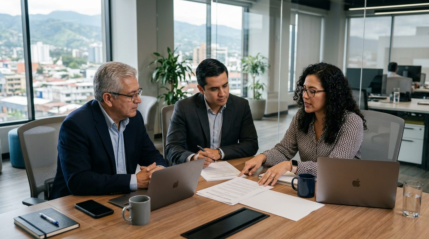 Empresarios hispanos revisando documentos de seguros y acuerdos comerciales en oficina.