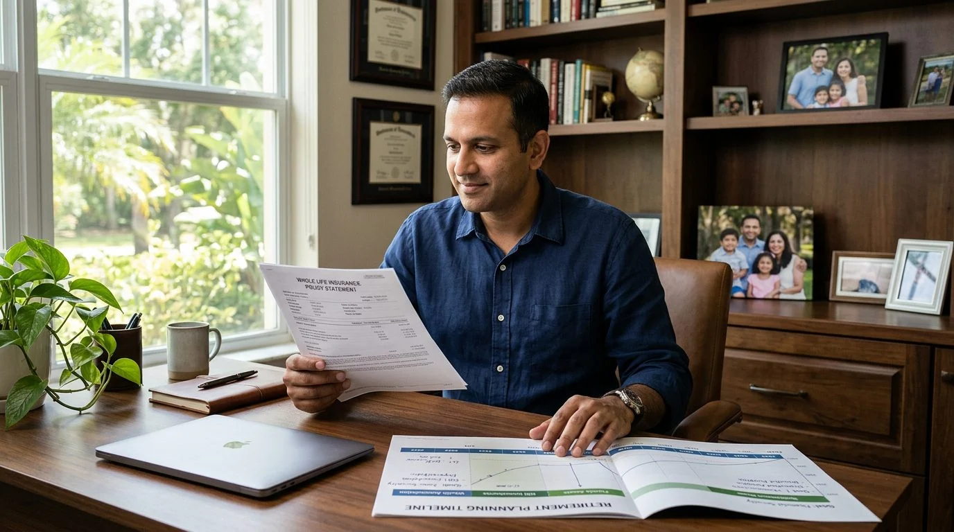 Entrepreneur at a home office desk reviewing a whole life insurance statement beside a retirement timeline, with family photos nearby.
