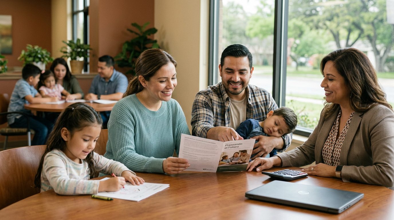 Familia hispana en sala de estar revisando documentos de seguro de vida temporal.