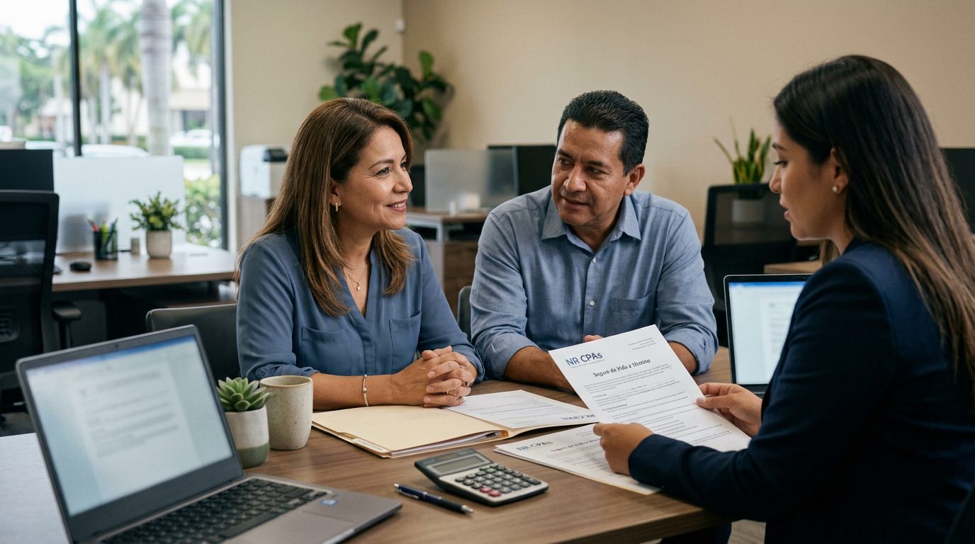 Familia hispana revisando documentos de seguro de vida en oficina moderna.