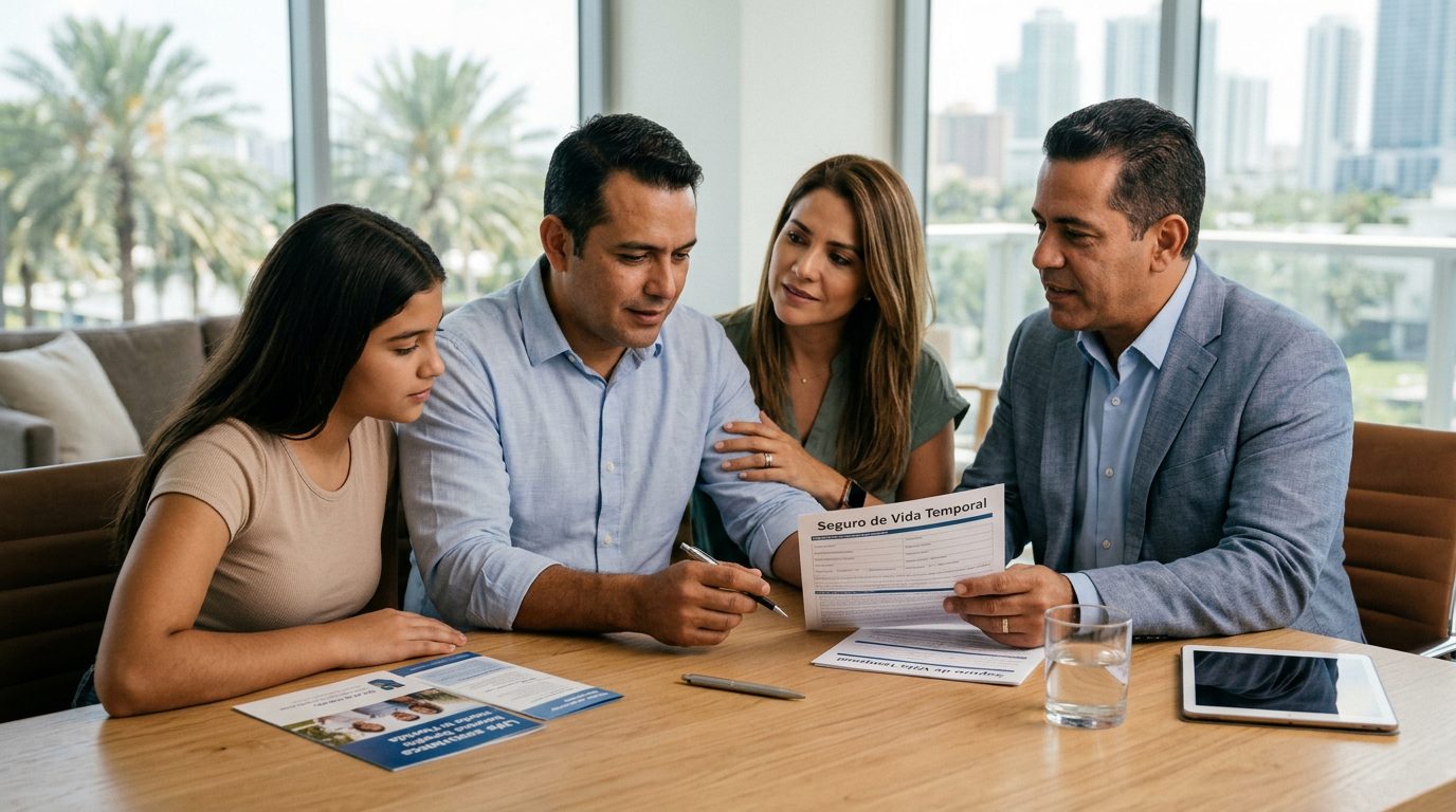 Familia hispana revisando documentos de seguro de vida en oficina de Miami.