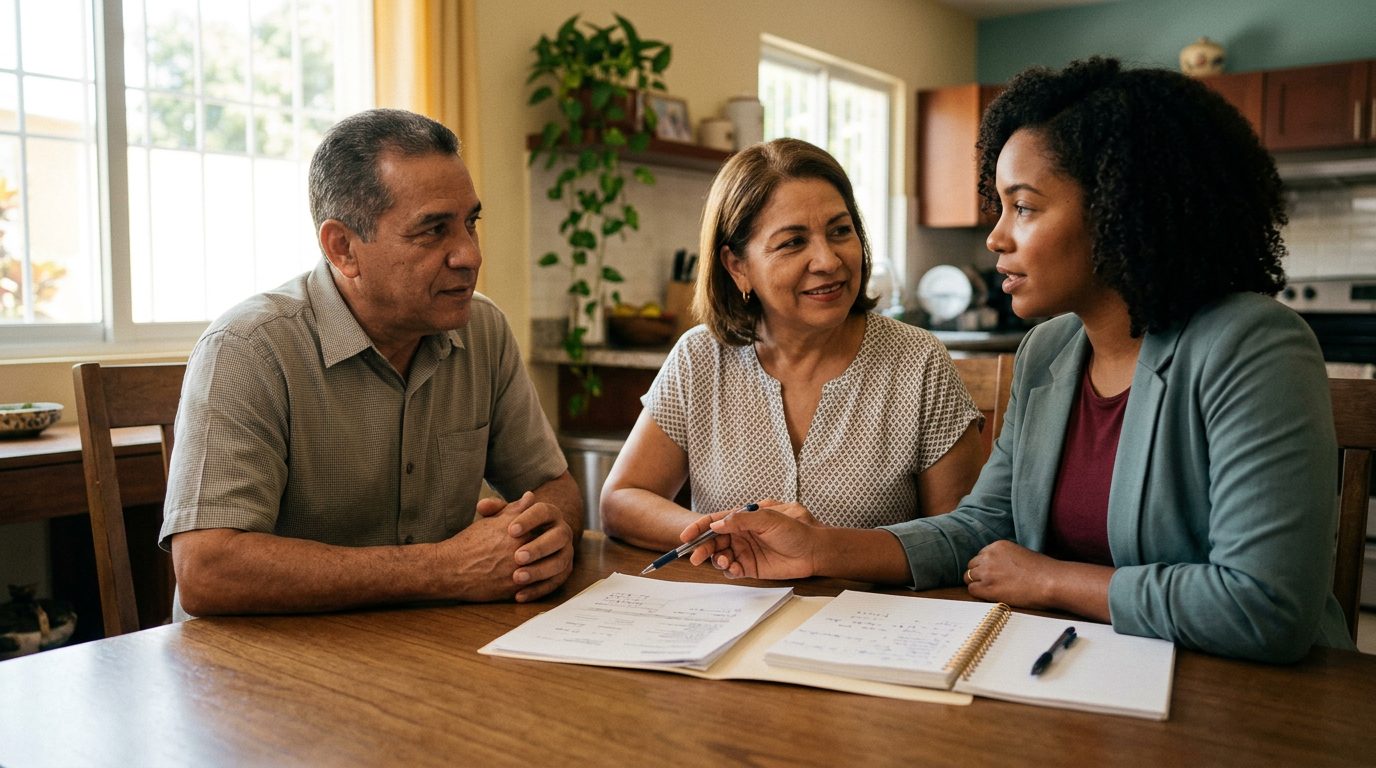 Familia hispana revisando documentos de seguro de vida en una mesa.
