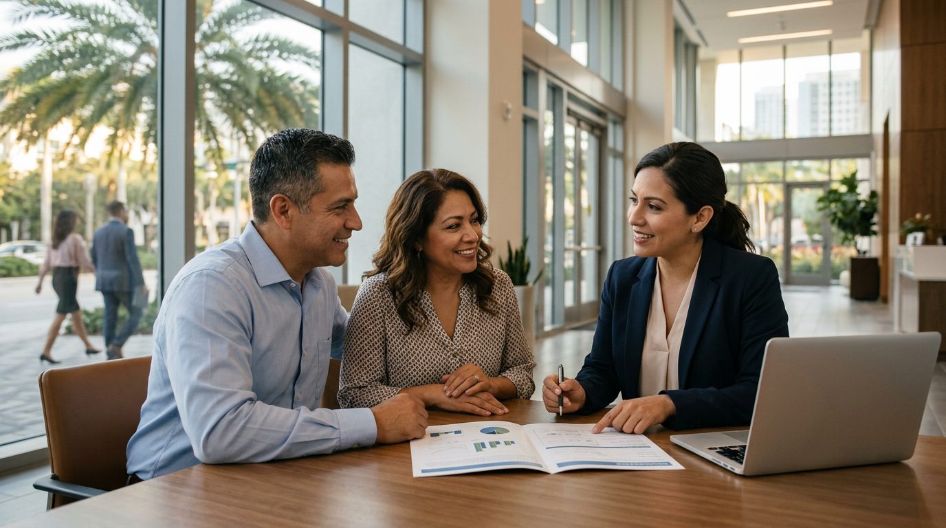 Familia hispana revisando documentos de seguro de vida en una oficina moderna.