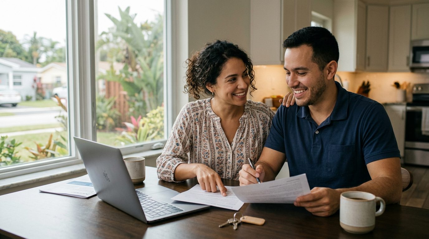 Familia hispana revisando documentos de seguro de vida para proteger su hipoteca.