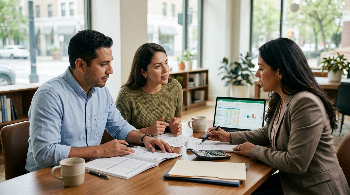 Familia hispana revisando documentos de seguros de vida en la mesa del hogar.