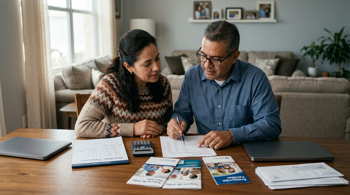 Familia hispana revisando documentos de seguros de vida en una mesa.