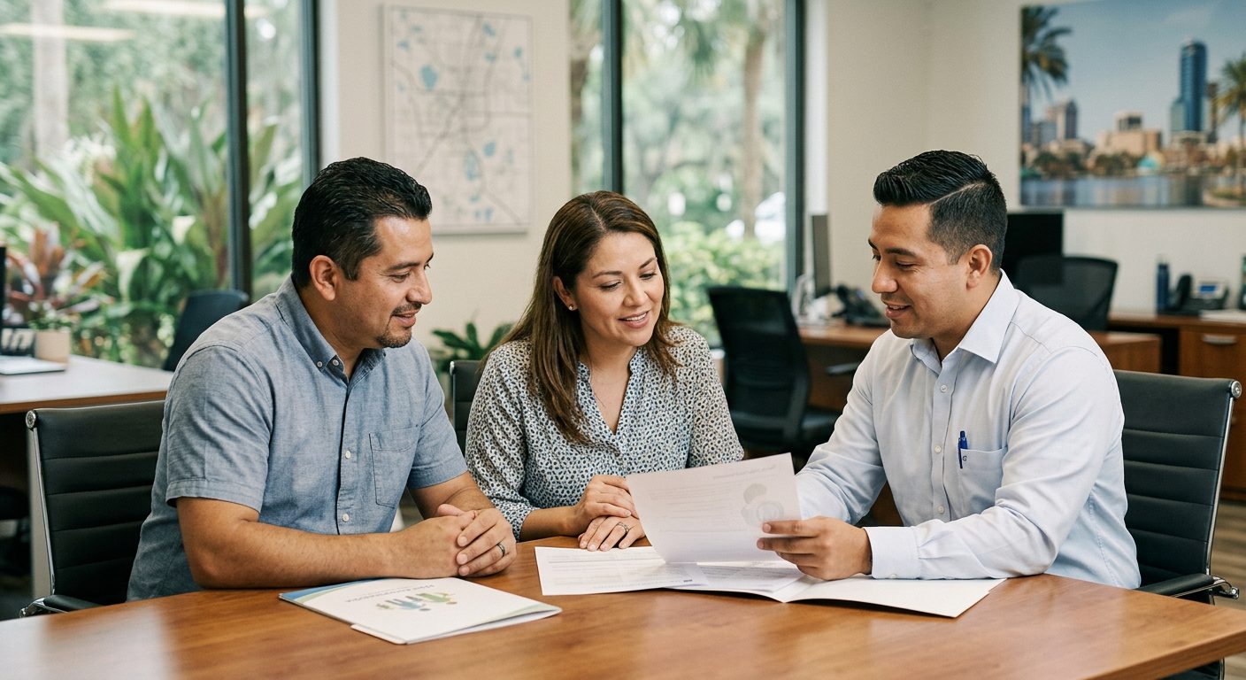 Familia hispana sonriendo en sala de estar moderna con documentos de seguro sobre mesa.