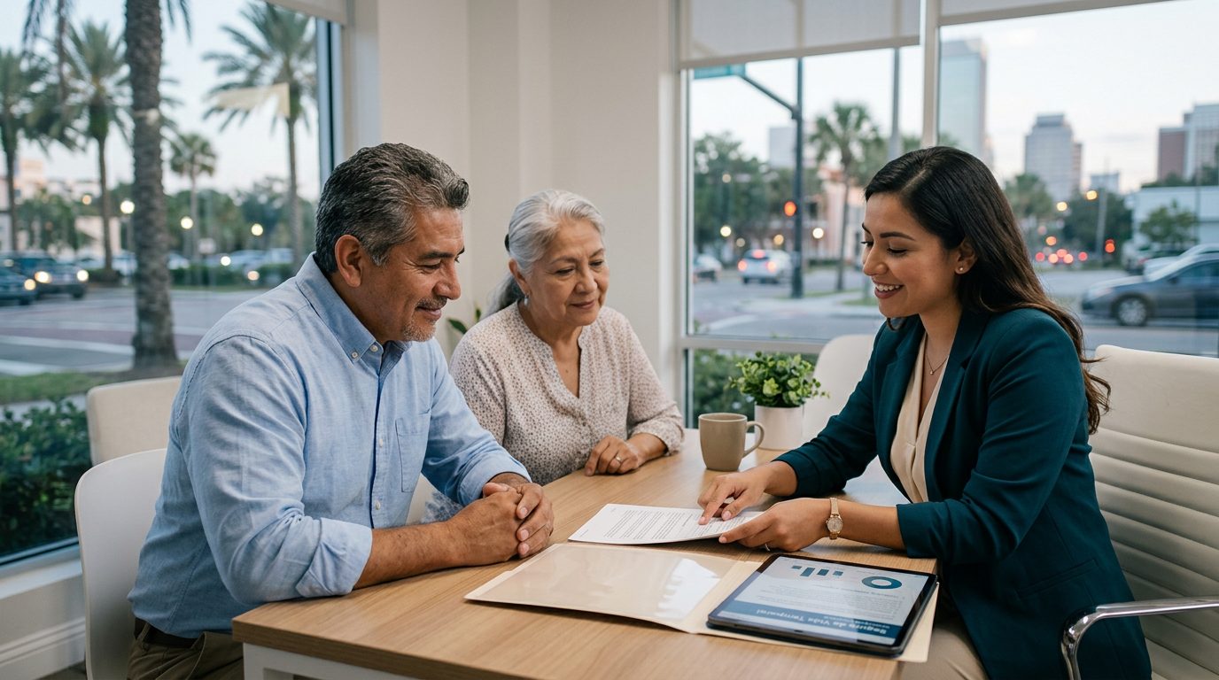 Familia hispana sonriendo en sala de estar moderna de Jacksonville.