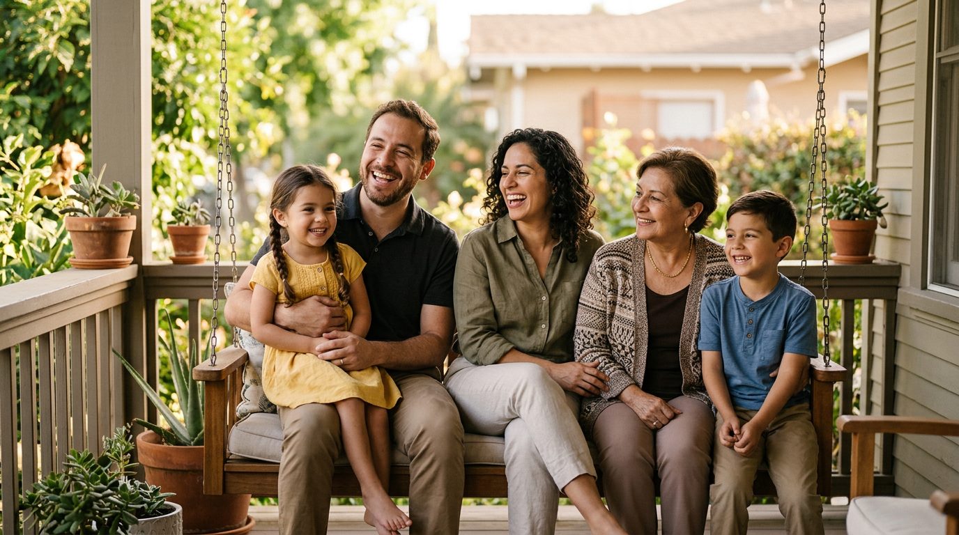 Familia hispana sonriendo juntos en casa, representando protección financiera y seguridad.