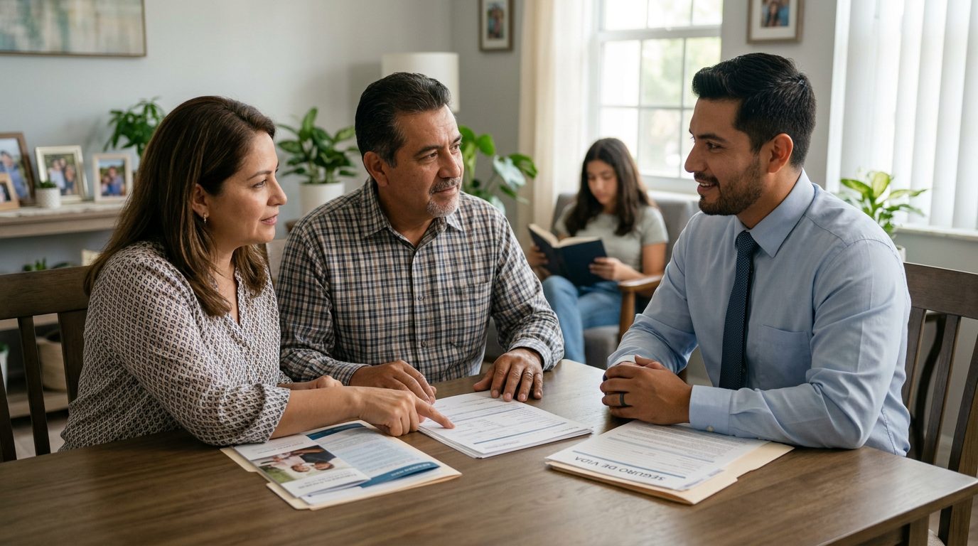 Familia hispana sonriendo juntos en casa, representando protección financiera y seguridad.
