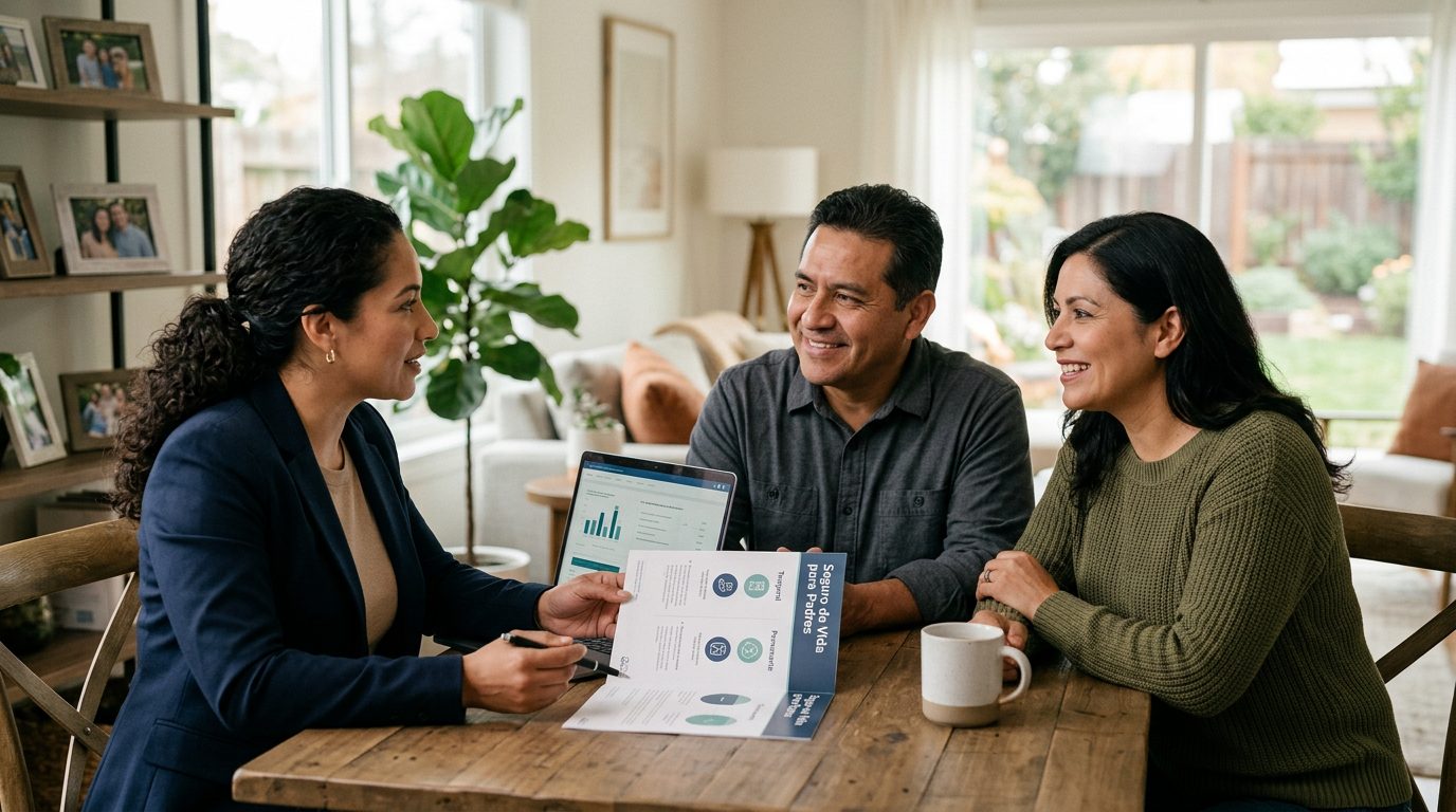 Familia hispana sonriendo juntos en casa, representando protección financiera para padres.