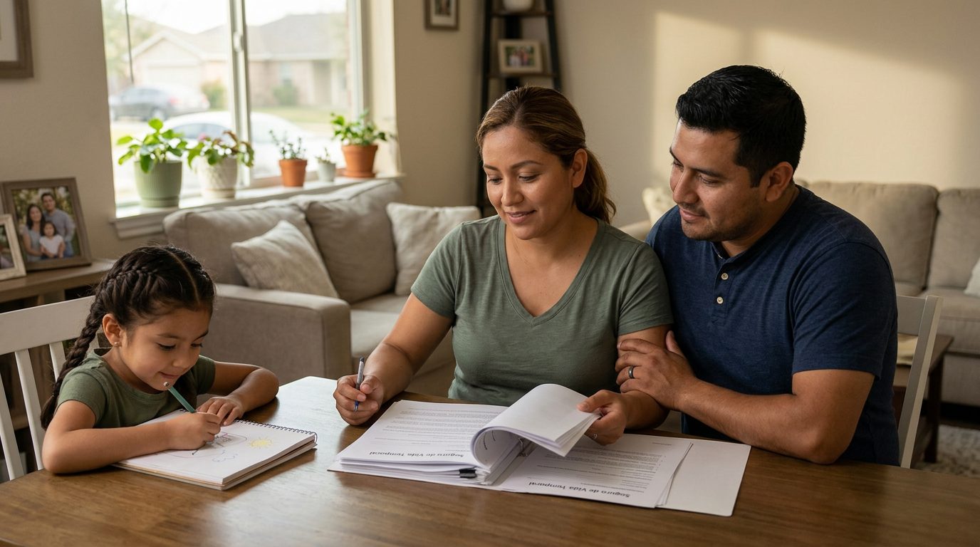 Familia hispana sonriendo juntos en la sala de su hogar.