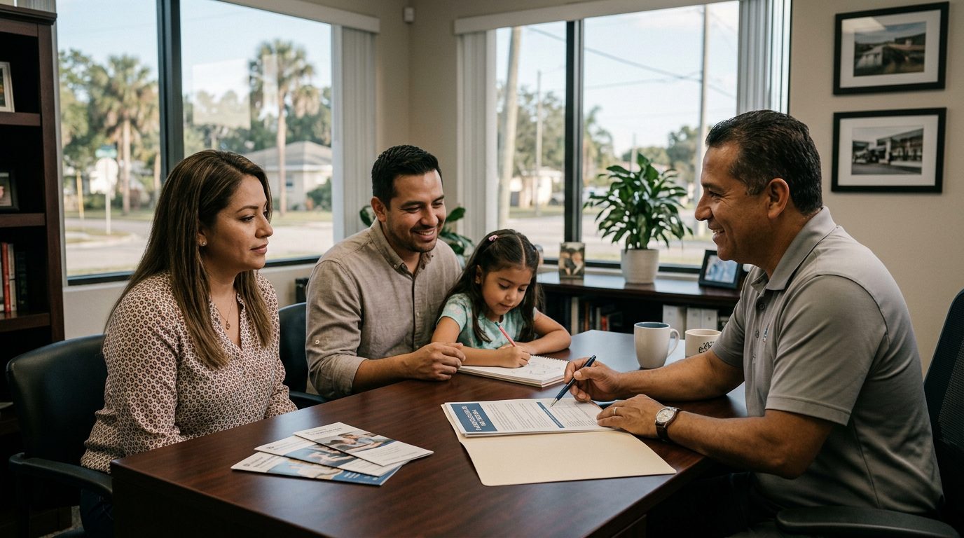 Familia hispana sonriendo juntos en sala de estar moderna.