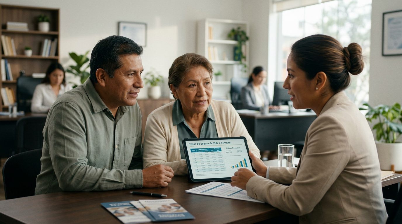 Familia multigeneracional revisando documentos de seguros de vida en una mesa.