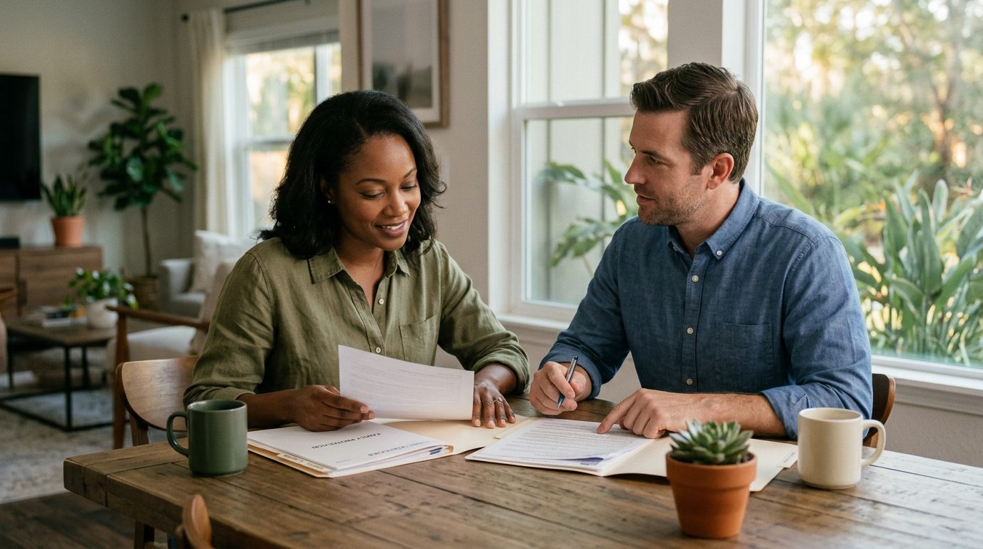 Family reviewing financial documents at home with calculator and paperwork.