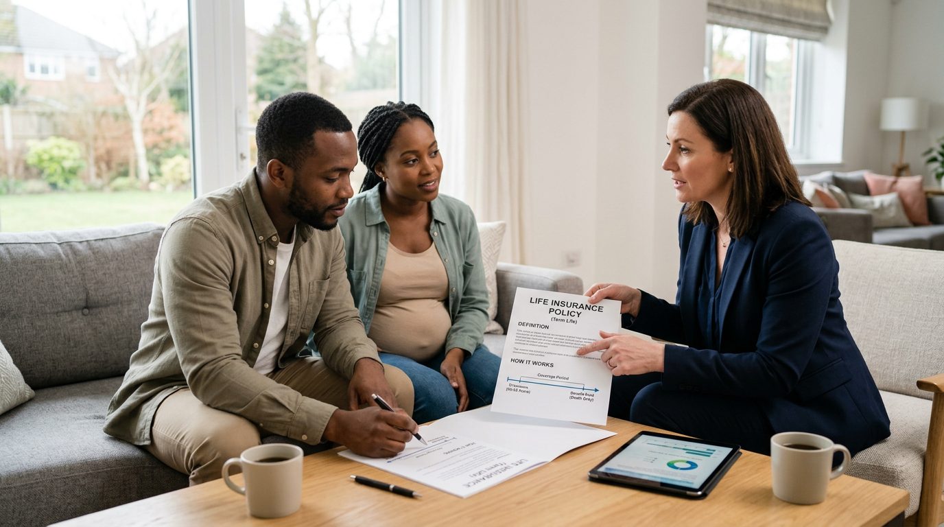 Family reviewing insurance documents at home with calculator and paperwork on table.
