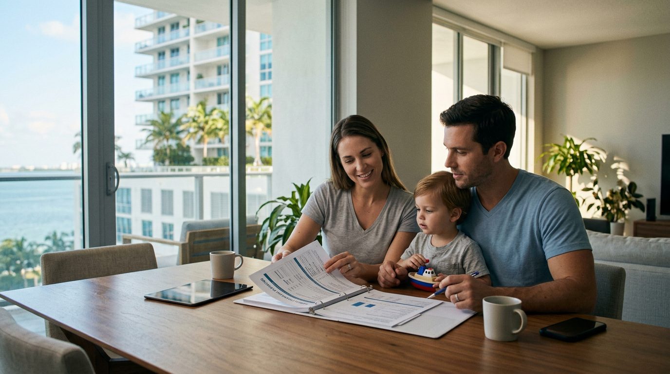 Family reviewing term life insurance documents at home in Miami.
