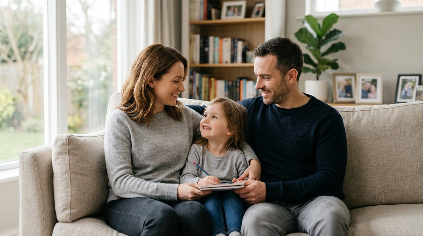 Family reviewing term life insurance policy documents at home.