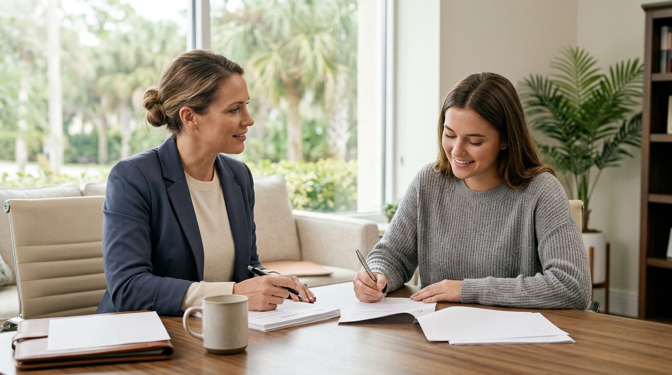 Father and daughter reviewing financial documents at home.